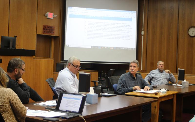 Megan Broome/The Clayton Tribune. Rabun County Commissioners Kent Woerner, Greg James and Tom Garrison at Tuesday's meeting.