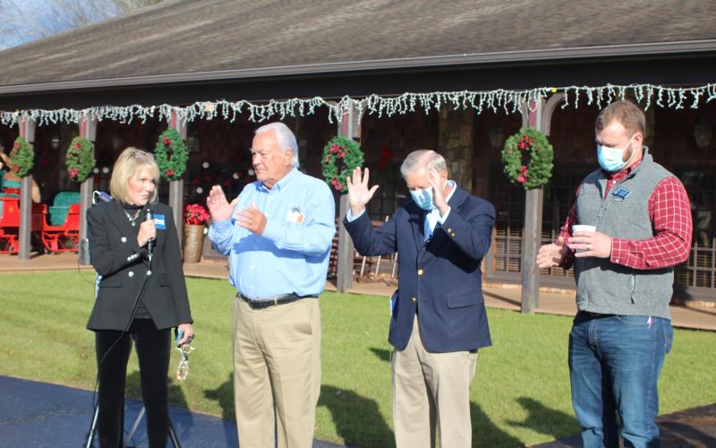 Megan Broome/The Clayton Tribune. Louise Dillard of The Dillard House, left, public service commissioner candidate Lauren Bubba McDonald, Jr., Sen. Lindsey Graham and Bo Hatchett, newly elected to the Georgia State Senate District 50 seat, speak at a campaign event for Sen. David Perdue held at The Dillard House last Thursday. The event came days before the January 5 general runoff election.
