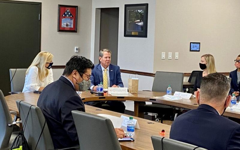 Beau Evans/Capitol Beat News Service. Gov. Brian Kemp (right) and First Lady Marty Kemp (left) led a roundtable meeting on human trafficking in Atlanta on Sept. 30, 2020.