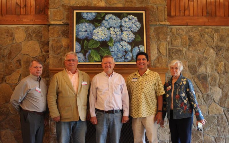 Megan Broome/The Clayton Tribune. The Rabun County GOP elected a slate of new officers at the county convention held at The Dillard House Conference Center last Saturday.  Sam Burns, immediate past chair, left, Ed Fickey, chair, Tim Wall, 1st vice chair, Ken Fortney, 2nd vice chair, and Linda Burns, treasurer. The secretary position was vacant at press time.