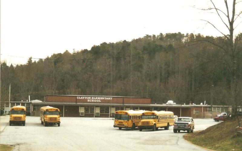 Photo courtesy of Rabun County Historical Society. Clayton Elementary School with buses in the front circa 1980.