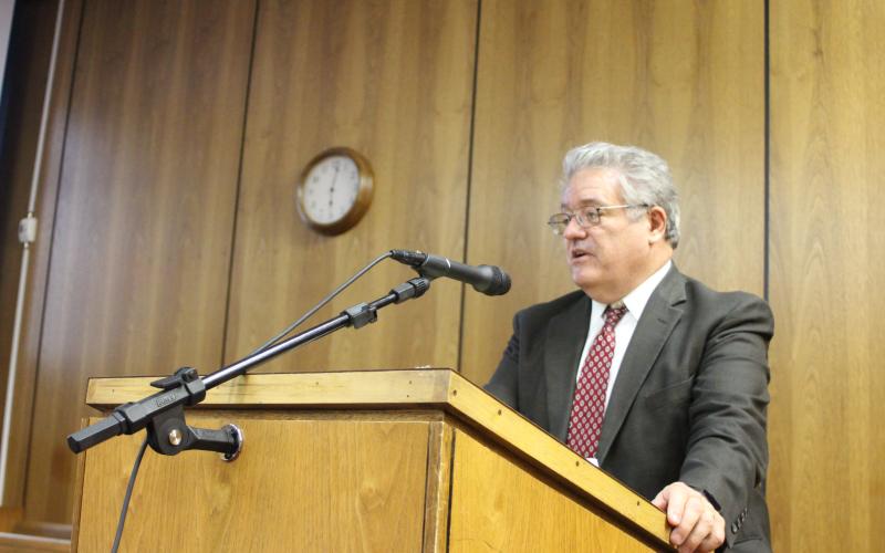 Megan Broome/The Clayton Tribune. Chief Judge Russell Smith of the Mountain Judicial Circuit addresses commissioners last Tuesday about funding for substitute judges. Commissioners approved his request of $10,000.