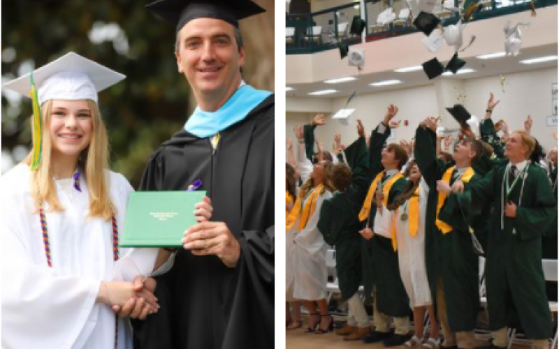 Submitted photos. (Left) Sadie Martin '21 of Clayton, Ga. receives her diploma from Head of School Jeff Miles during Rabun Gap-Nacoochee School's graduation ceremony on May 16. (Right) Tallulah Falls graduating Class of 2021 throw their caps in the air last Friday after receiving their high school diplomas.