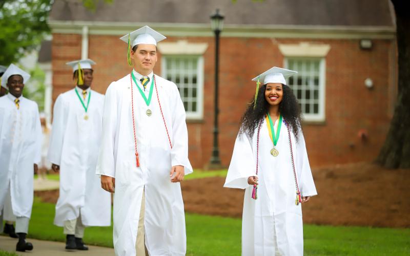 Photo courtesy Rabun Gap-Nacoochee School. Gavin Anderson, left, of Tiger, Ga. and Bilan Aden, of Somaliland, lead the Class of 2021processional.