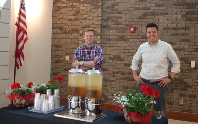 Megan Broome/The Clayton Tribune. Allen Blair, RCHS assistant principal, left, and Justin Spillers, RCHS principal attend the 2020-2021 retired employee reception held at RCHS last Thursday.