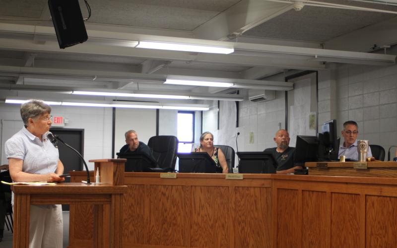Megan Broome/The Clayton Tribune. Dee Daley, member of the Rabun County Coalition for Good Government (RCC4GG), addresses Clayton City Council members with questions about the FY 2022 budget during Tuesday’s second public hearing on the budget.