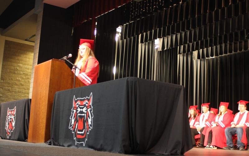 Megan Broome/The Clayton Tribune. Class of 2021 Salutatorian Alexis Martin speaks to classmates at last Friday’s graduation ceremony.