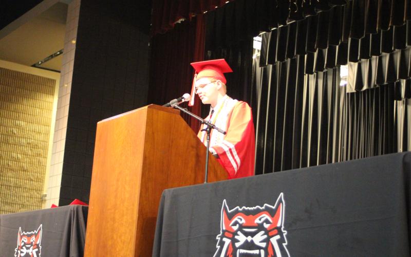 Megan Broome/The Clayton Tribune. Class of 2021 Historian Chandler Hensley speaks to classmates at last Friday’s graduation ceremony.