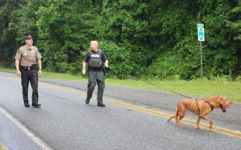 Megan Broome/The Clayton Tribune. Corporal Clinton Scott with the Rabun County Sheriff’s Office and Officer Brant Benoit with the Georgia Department of Corrections Office of Professional Standards K-9 Unit, along with his K-9 partner Scarlett search for a suspect near the Tallulah River who fled on foot following a traffic stop by GSP on Monday morning.