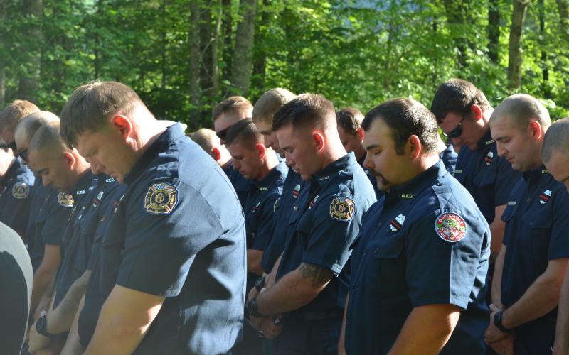 Wayne Knuckles/The Clayton Tribune. Gainesville firefighters who served with Patterson attended his funeral last Friday.
