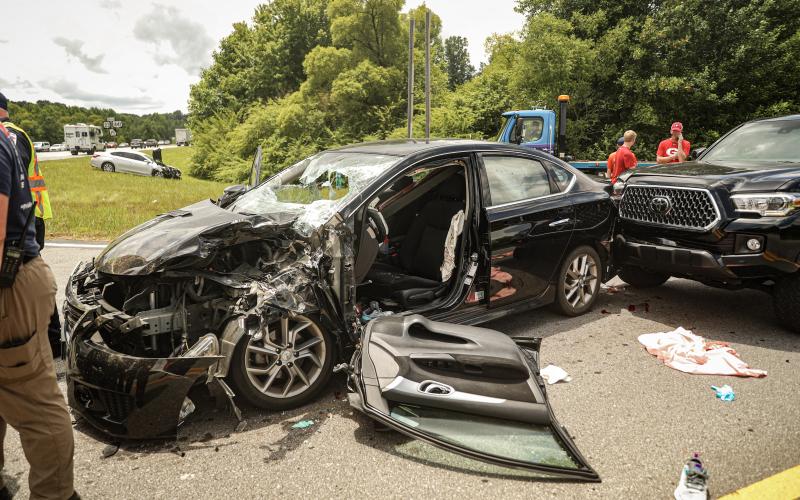 Photo courtesy of Red Bird Media. A four-car accident closed the southbound side of U.S. Highway 441/Georgia 15 near Clarkesville for nearly 90 minutes Saturday, sending four to the hospital, including one on the LifeFlight helicopter.