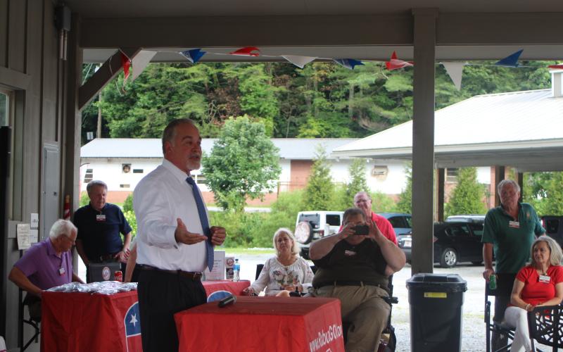 Megan Broome/The Clayton Tribune. Richard Woods, Georgia State Superintendent of Schools, speaks to a group at the Rabun County Republican Party’s BBQ event Monday.  Woods was one of the guest speakers and is running for reelection in 2022.