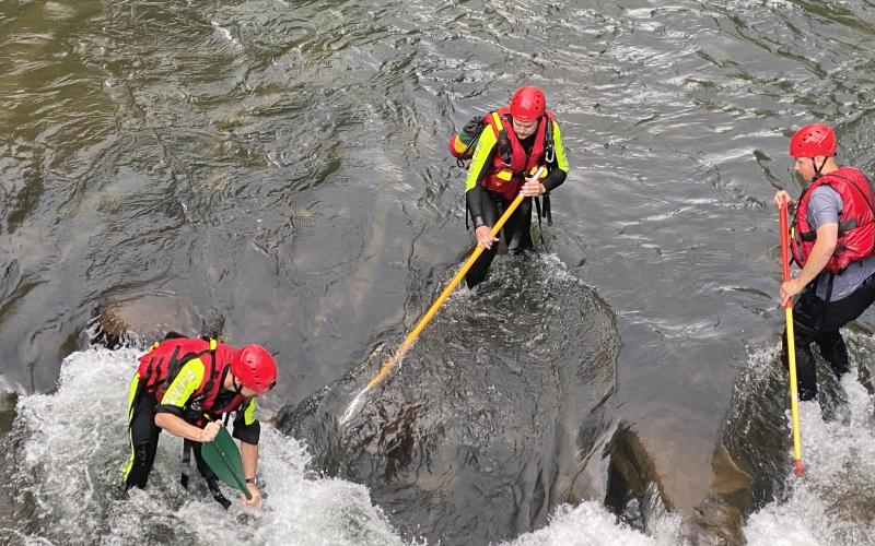 Submitted photo. Will McCracken, Isaac Williams and Tate Nichols are part of the swiftwater rescue team with Rabun County Search and Rescue. Rescuers say that speciality training they received in Texas gave them the skills they needed to navigate through the strong current and locate a missing person on the Tallulah River in June.