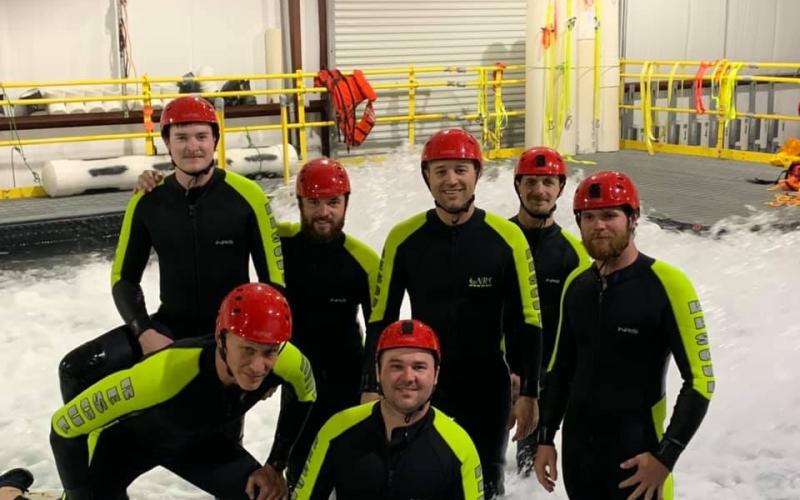 Submitted photo. Back row: Isaac Williams, Jess Watts, Chris Wright, Will McCracken, McCord Johnson. Front row: Steve Patterson and Hunter Hargrave attend a course at the Fathom Academy Swiftwater Rescue Training Center in Georgetown, Texas in 2019.