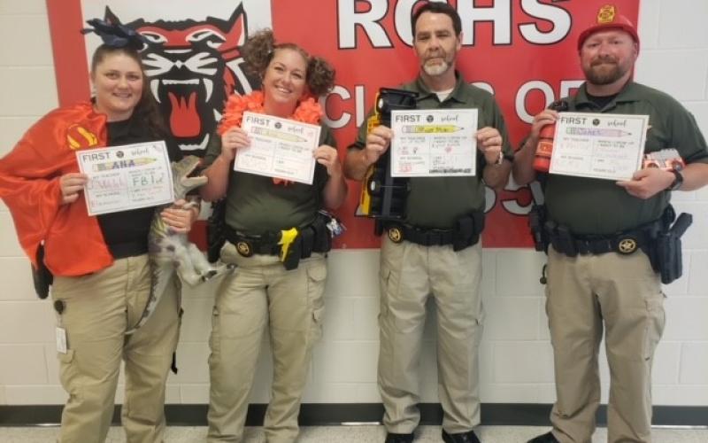 Photo courtesy of Rabun County Sheriff’s Office. School Resource Officers (SROs) from the Rabun County Sheriff’s Office were assigned to the four schools and front gate: Ana Contreras, RCES, left, Lisa Thompson, RCHS, Mike Free, Entry Control Point, and Jamie Gaston, RCMS. Not pictured: Sgt. Lindsey Owens, RCHS.