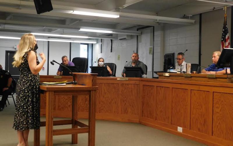 Don Fraser/CNI News Service. Amanda Harrold, Clayton City Council candidate, advised better council planning for spending if a tax hike is approved. She spoke at a Tuesday public hearing. A third and final hearing is scheduled for council’s regular monthly meeting Sept. 21.
