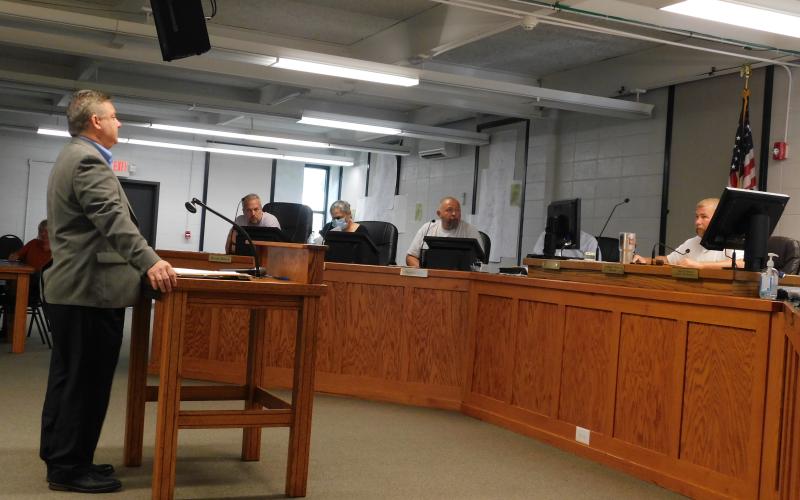 Don Fraser/CNI News Service. Darrin Love with Edmunds GovTech explains his company’s software to Clayton City Council Tuesday.