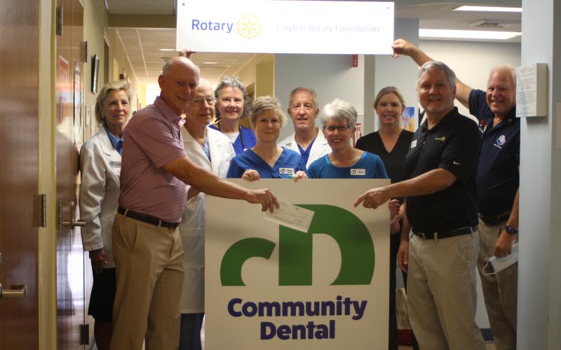 Staff and volunteers pictured are Dr. Janet Dunwoody, Mike Hammer, grant chairman for the Lake Burton Civic Association Foundation (LBCAF), Dr. Tom Callahan, Sherry Spur, Melissa Elzey, Dr. Brian Davis, Marcia Ranney, Dr. Rebecca Hobbs, Tim Ranney, president of the Clayton Rotary Foundation, and Jeff Fincher, president of the Rotary Club of Clayton.