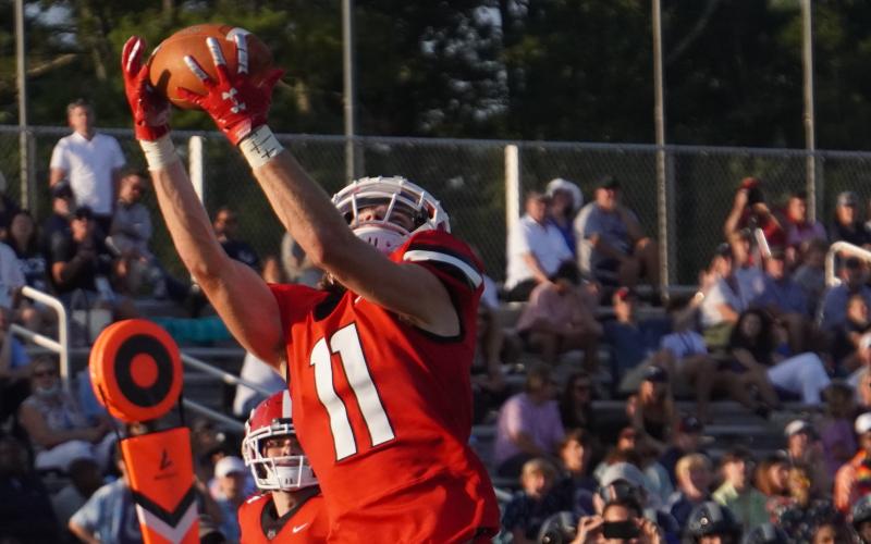 Photo courtesy of Jake Cantrell/The Dahlonega Nugget. Ethan Clarke stretches for a reception in Rabun County's lopsided win over Pace Academy last Saturday.