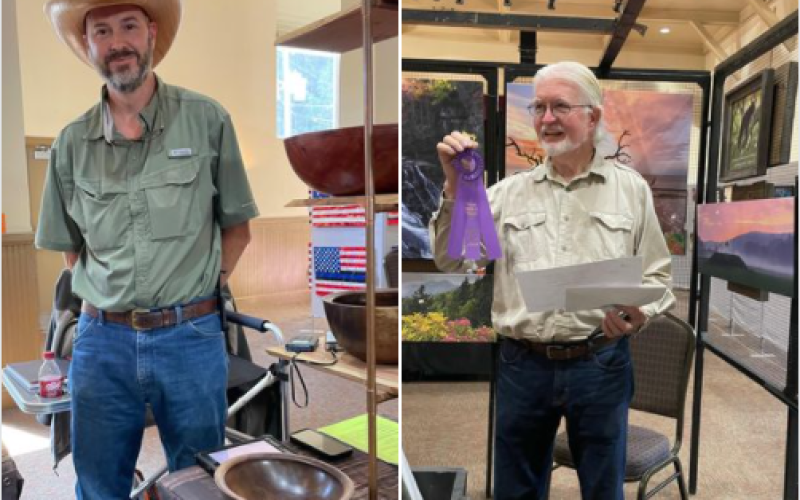 Photo courtesy of Randall Sells. From left, Michael Mason took home the ribbon for winning the Producer’s Choice Award for Best Booth at the Painted Fern Festival, hosted by the North Georgia Arts Guild and held at the Rabun County Civic Center this past weekend. Mason creates bowls and other items with his woodturning. Photographer Danny Young took home the ribbon for winning the Best of Show People’s Choice Award at the event.