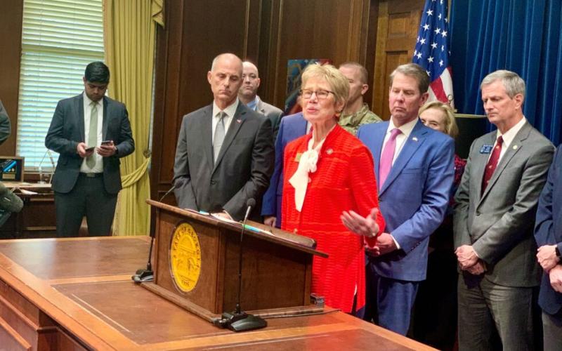 Photo by Beau Evans/Capitol Beat News Service. Georgia Public Health Commissioner Kathleen Toomey talks about coronavirus testing at a news conference on March 5, 2020.