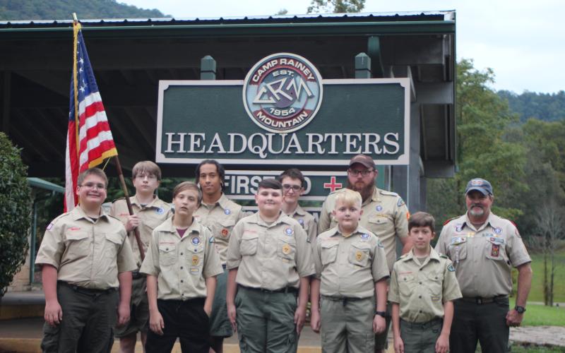Megan Broome/The Clayton Tribune. Camp Rainey Mountain in Clayton is home to local Boy Scouts. In above photo, on the front row are Andy Leff, Tenderfoot, Nolan Houston, Tenderfoot, Lucas Daniel, Tenderfoot, Samuel Cochran, Tenderfoot, Ezra Early, Tenderfoot; back row, Grant Chartrand, first class, Britt McKissack, Life, Heron Eaton, Life, Alex Foster, Scoutmaster, Jerry McFalls, Assistant Scoutmaster. Not pictured are Jordan Ragsdale, second class, Dominic Vogelbacher, Eagle.