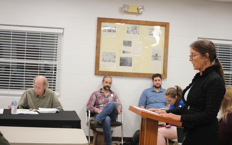 Megan Broome/The Clayton Tribune. Tallulah Falls citizen Marybeth Hughes speaks to town council members last Thursday in opposition to rezoning 1.12 and 4.577 acre parcels on River St. and Hickory Nut Mountain Rd. from Single Family Residential (R1) to Business District (BD) for the development of short-term vacation rentals by J&amp;D Irvin Holdings, LLC. Larry Hamilton, council member, left, and Clint and Brian Irvin, of J&amp;D Irvin Holdings, LLC, back, listen to public comment on the matter.