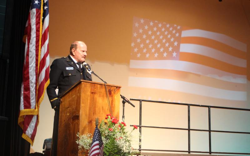 Megan Broome/The Clayton Tribune. Rev. Kenneth Franklin closes the Veterans Appreciation Dinner event Nov. 11 with the benediction.