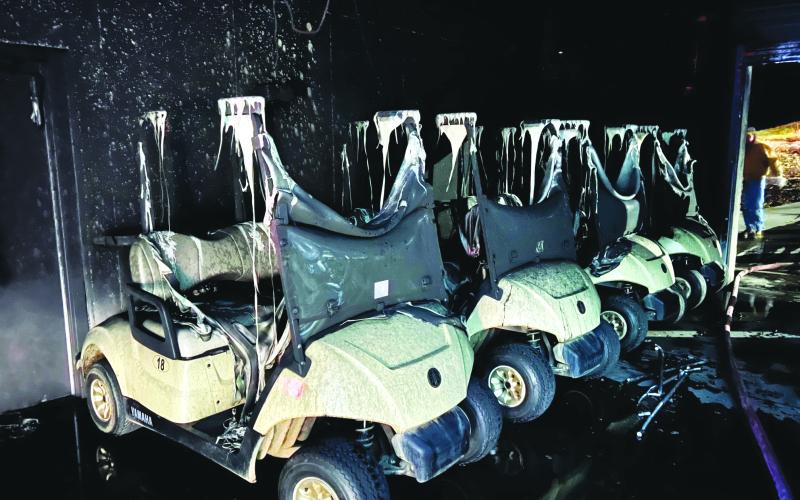 Photo courtesy of Rabun County Fire Services. Multiple golf carts were destroyed during a fire at the Rabun County Golf Course Pro Shop and Wildcat Grill in Clayton Dec. 23. Heat and smoke damage to the building also resulted from the fire. The fire appeared to be accidental and originated due to an electrical issue with a golf cart on the property, according to the Office of Commissioner of Insurance and Safety Fire.