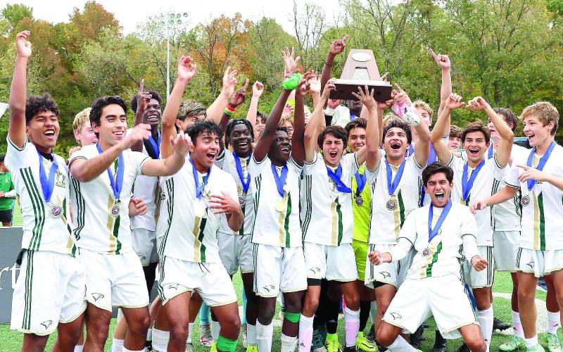 Photo courtesy of Rabun Gap-Nacoochee School. A very happy Rabun Gap-Nacoochee boys soccer team defeated Carmel Christian to claim the North Carolina Independent Schools Athletic Association state championship in November.