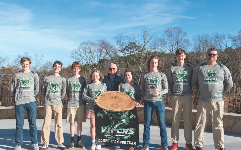 Photo courtesy of Tallulah Falls School. Pit Vipers members are (from left) Jake Owensby, Joel Bourlet, Matthew Wolfe, Lily Turpin, President and Head of School Larry A. Peevy, Brooke Hayes, Zach Freeman, Teyrk Tilley and Head Pitmaster Tom Tilley. Not shown is Marc Crotta.