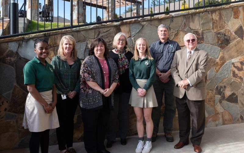 E. Lane Gresham/Tallulah Falls School. Tallulah Falls School recognized outstanding faculty, staff and students for 2021 at a Dec. 15 assembly. Shown, from left, are Kaylin Pickett, Deborah Morrison, Heather Henriques, Sonya Smith, Ball, Steve Hudson and President and Head of School Dr. Larry A. Peevy.