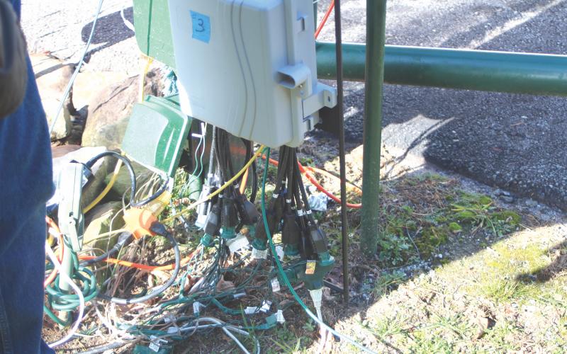 Megan Broome/The Clayton Tribune. The control box that operates the Christmas Village of Lights display in Tiger was damaged during a theft that occurred overnight last Thursday. Extension cords were also damaged, along with the theft of two white and two multi-color Christmas trees weighing about 30 pounds each.
