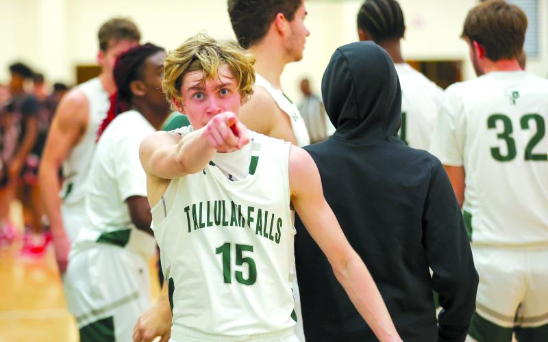 Photo courtesy of Austin Poffenberger. Senior Gavin Page displays his emotions during the Tallulah Falls 60-50 victory over visiting Athens Christian on Jan. 24. Page, Charlie Cody, George Ketch and Milos Vico were honored Tuesday night on senior night.