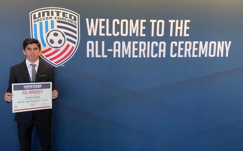 Photo courtesy of Rabun Gap-Nacoochee School. A member of Rabun Gap-Nacoochee School’s NCISAA state title team, Emilio Roman receives designation as one of 88 male players on All-America team.
