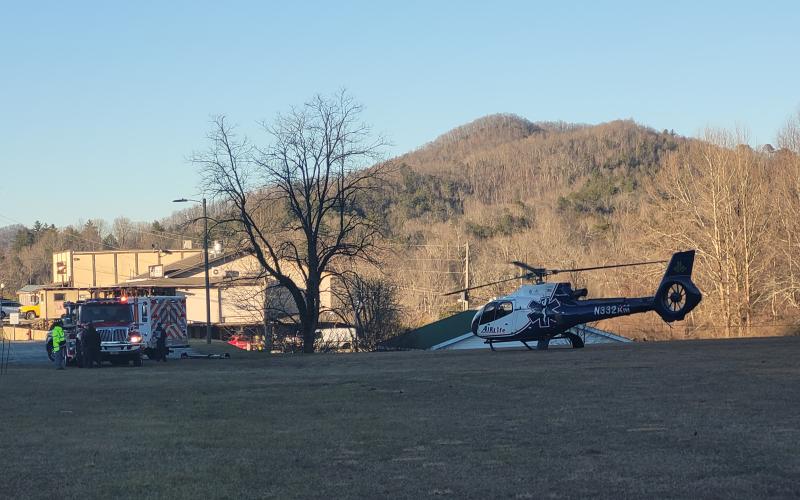 Megan Broome/The Clayton Tribune. A Dillard man was transported by Air Life helicopter to Grady Memorial Hospital after sustaining burns while attempting to stomp out a hay bale fire Feb. 8.