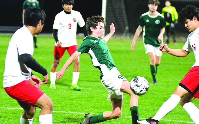 Photo courtesy of Randy Crump. Austin Ball kicks the ball in action last year for Tallulah Falls. He will be looked upon as a leader for this year's team.