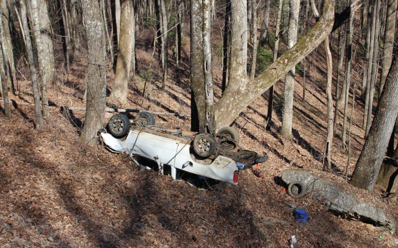 Megan Broome/The Clayton Tribune. A Hiawassee man died in a one-vehicle crash on Highway 76 west of Clayton near Turkey Gap Rd. Monday. 