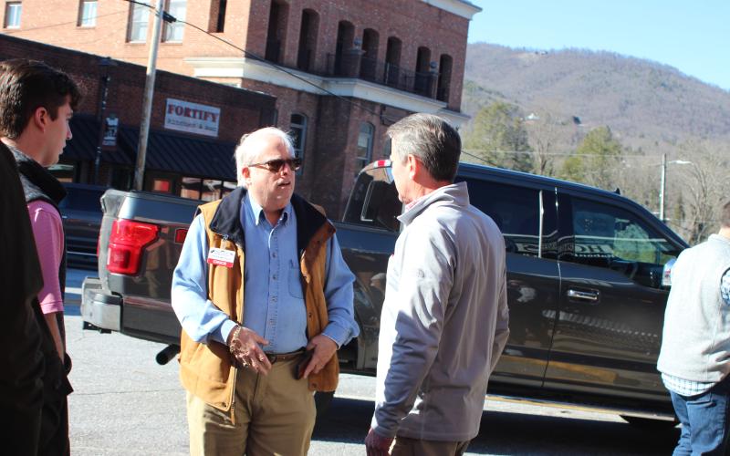 Megan Broome/The Clayton Tribune. Rabun GOP member Chuck Maypole talks with Gov. Brian Kemp during a meet-and-greet in Clayton Feb. 18.