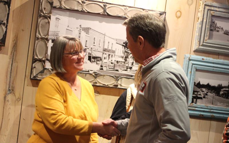 Megan Broome/The Clayton Tribune. Teka Earnhardt talks with Gov. Brian Kemp during a meet-and-greet in Clayton Feb. 18.
