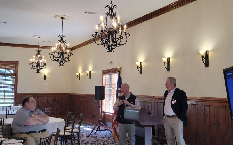 Megan Broome/The Clayton Tribune. Rabun County Commissioners Kent Woerner and Scott Crane were guest speakers at the Rabun County Republicans meeting Feb. 12 and talked about developments in Rabun County. Ed Henderson, GOP Secretary, is also pictured.