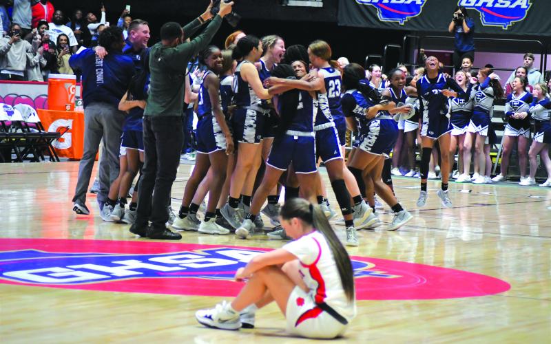 Enoch Autry/The Clayton Tribune. As Rabun County Ladycat senior Sophie Woodard sits on the court floor, the Elbert County Lady Blue Devils, cheerleaders and fans celebrate the school's first-ever state girls basketball championship on March 10.