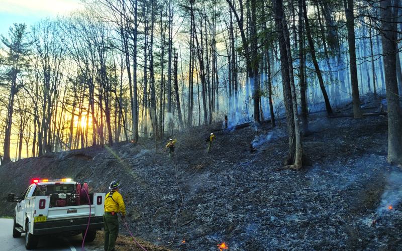 Megan Broome/The Clayton Tribune. North Carolina Forest Service and local firefighters work to contain a brush fire across the state line in North Carolina along the north side of Highway 246 in the area of Chastain Road March 4.
