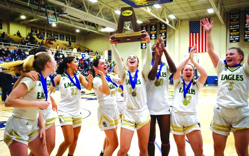 RGNS Athletics. The Rabun Gap-Nacoochee School girls basketball team celebrates their historic championship victory on Saturday at Wingate University. The Lady Eagles defeated North Raleigh Christian Academy 36-33 to claim the program’s first-ever state championship. RGNS completed its season with a 23-6 record.