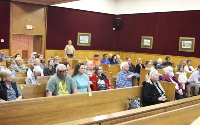 Megan Broome/The Clayton Tribune. A hearing at the Rabun County Planning and Zoning Commission meeting March 28 turned out a packed room as the Rabun County Planning and Zoning Commission unanimously voted to recommend denial of a rezoning request for property off of Highway 76 East from Agricultural (A) to Commercial Business (CB) for the purpose of building storage units.