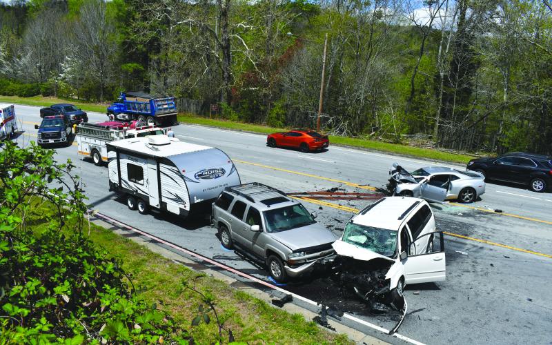 Enoch Autry/The Clayton Tribune. A three-vehicle crash on Ga. 15 in Tallulah Falls Thursday afternoon resulted in serious injuries. One was airlifted following the crash.