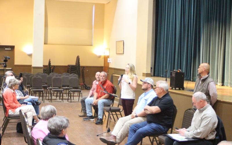 Megan Broome/The Clayton Tribune. Clayton City Council Member Amanda Harrold speaks at a forum held at the Rabun County Civic Center April 21. The forum was organized to highlight the need for housing in Rabun County. Members of the public expressed their thoughts on what they want future growth in the county to look like. Panelists included Commissioner Scott Crane, Roger Glenn, Commissioner Kent Woerner, Planning and Zoning Administrator Shylan Wood, Ed Fickey, and Director of Development Rick Story.