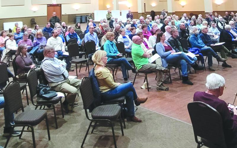 Megan Broome/The Clayton Tribune. A crowd turned out at the Rabun County Civic Center Monday night for a public forum held by the Rabun County Coalition for Good Government. The purpose was to spark participation in government and discussion on the topics related to the city of Clayton’s zoning ordinances and what is being done to minimize the impact of the 91-unit development.