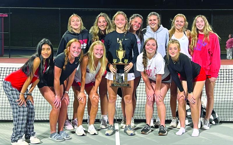 Submitted photo. The Rabun County High School girls tennis team shows off its newly earned Region 8-AA title trophy.