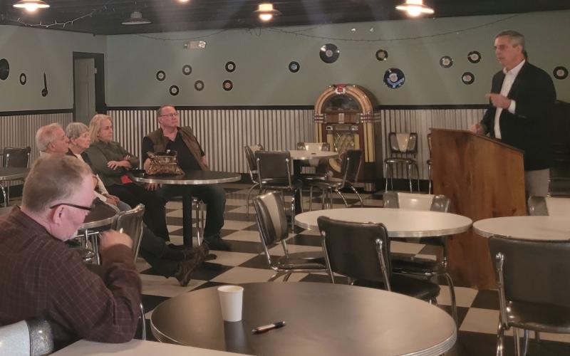Megan Broome/The Clayton Tribune. Georgia Secretary of State Brad Raffensperger speaks to the Rabun County Republican Party about election security at the party’s March 21 meeting.